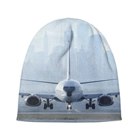Thumbnail for Boeing 737 & City View Behind aviation embroidery on soft knit fabric 3D knit beanie.