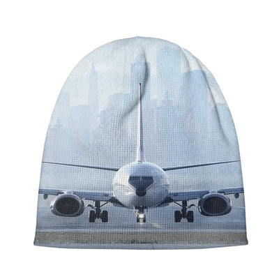 Boeing 737 & City View Behind aviation embroidery on soft knit fabric 3D knit beanie.