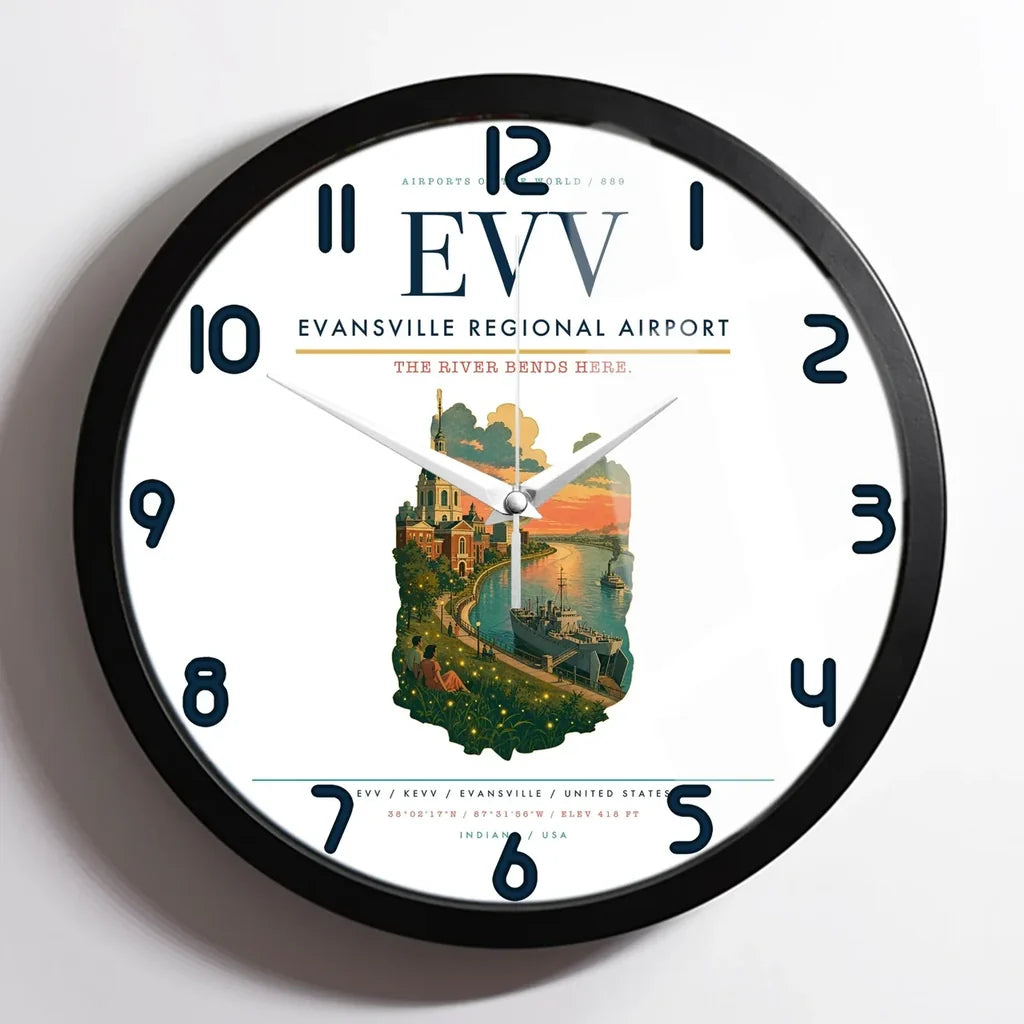 Evansville Regional Airport (EVV) design on white framed wall clock