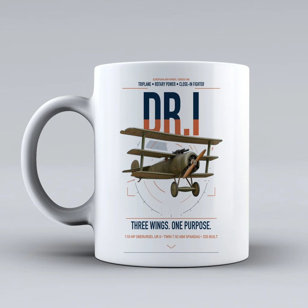Fokker Dr.I design on white ceramic mug, double-side print