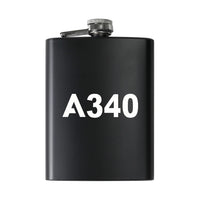 Thumbnail for Airbus A340 Flat Text aviation design on stainless hip flask, compact pocket-size flask.