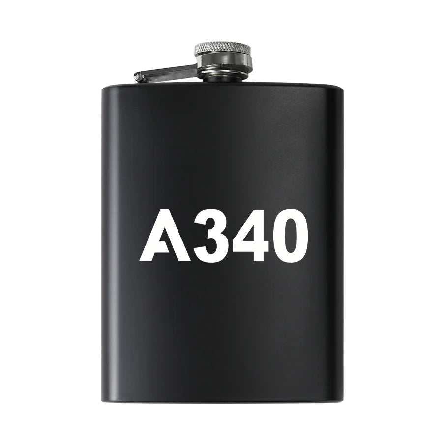 Airbus A340 Flat Text aviation design on stainless hip flask, compact pocket-size flask.