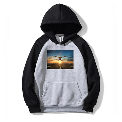 Airplane over Runway Towards the Sunrise aviation design on colourful cotton blend colourful hoodie.