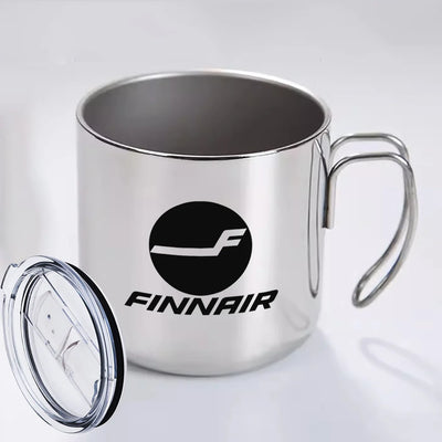 Finnair Airlines aviation design on portable mug, vacuum-insulated double-wall.