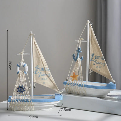 Side view of Anchor Lifebuoy Nautical Wooden Sailboat Model Ornament aviation model ship in diecast metal or wood with detail.