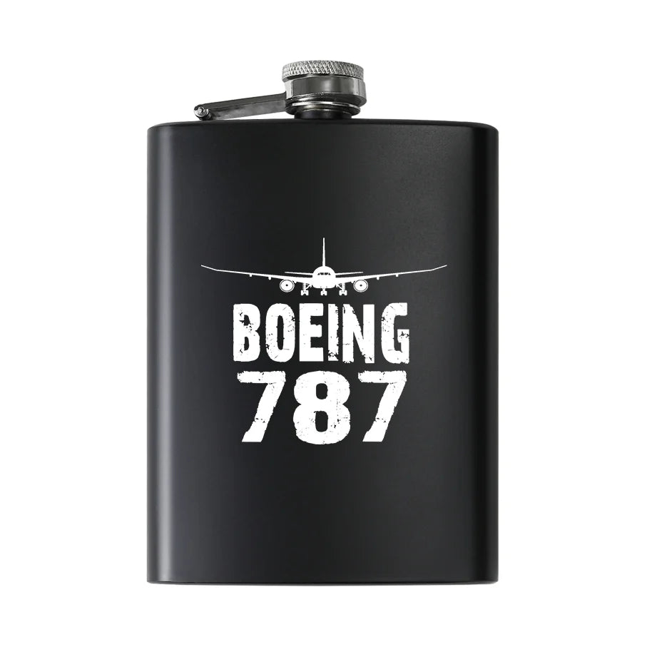 Boeing 787 & Plane aviation design on stainless hip flask, compact pocket-size flask.