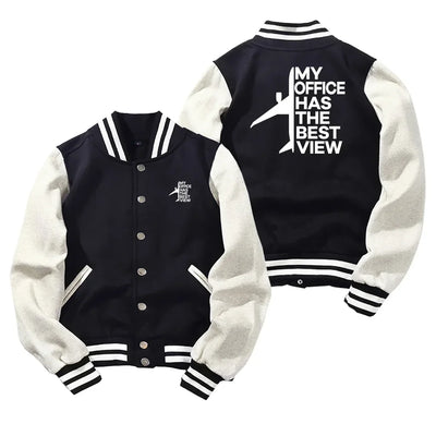 My Office Has The Best View Baseball Style aviation design printed on two-tone shell with ribbed cuffs baseball jacket.