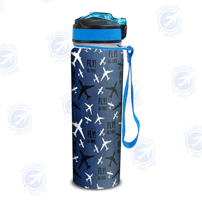 Fly Be Free Blue Sports aviation design on sport kettle, insulated bottle with sport spout.