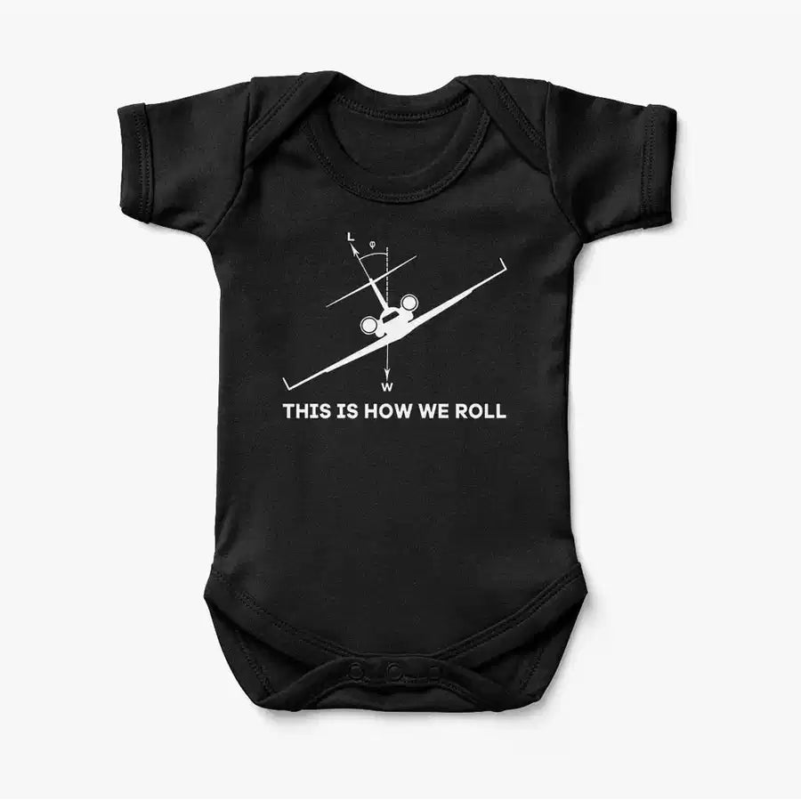This is How We Roll aviation print on kids gentle cotton bodysuit.