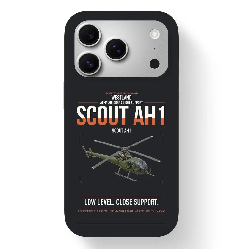 Westland Scout AH1 design on black magsafe iphone case, for iPhone 17 Pro