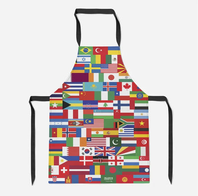 World Flags aviation design on durable cotton blend kitchen apron.