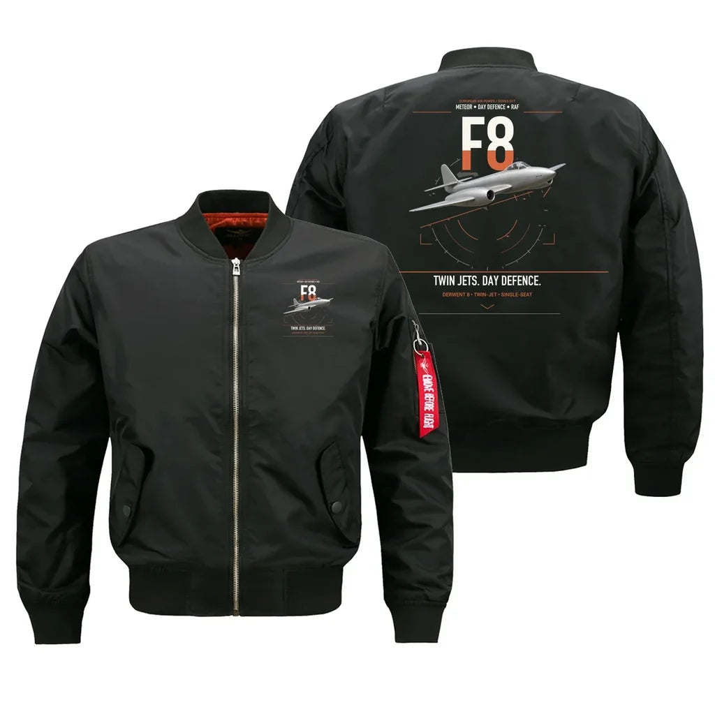 Gloster Meteor F8 design on black bomber jacket, double-side print