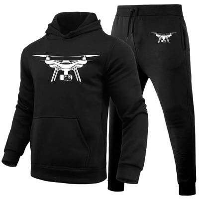 Drone Silhouette aviation design on soft cotton blend hoodie and sweatpants set.