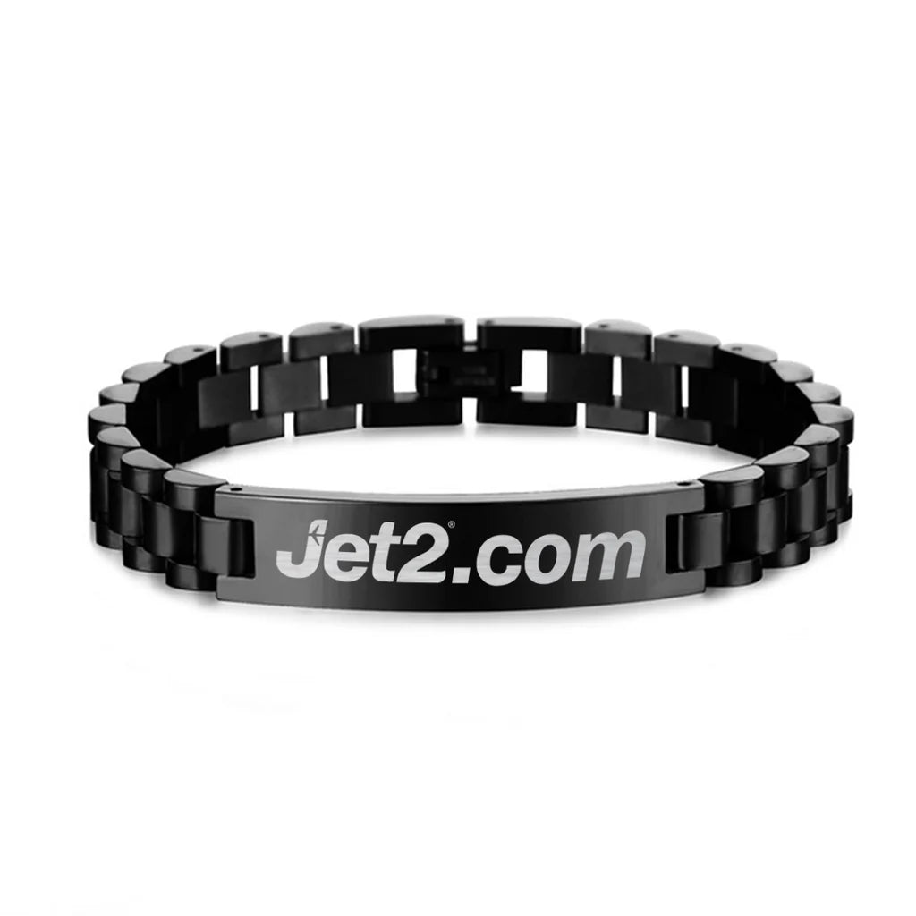 Side view of JET2 Airlines aviation chain bracelet in stainless steel, polished finish.