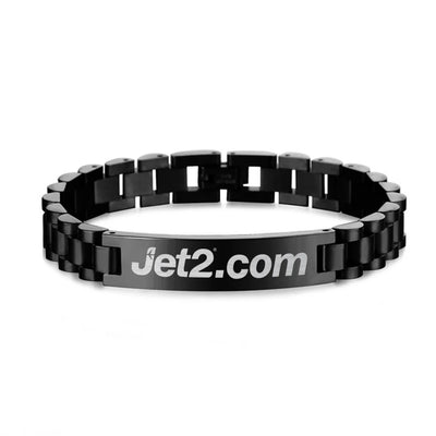 Side view of JET2 Airlines aviation chain bracelet in stainless steel, polished finish.