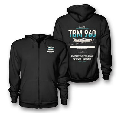 Daher TBM 960 design on black premium zipped hoodie, double-side print