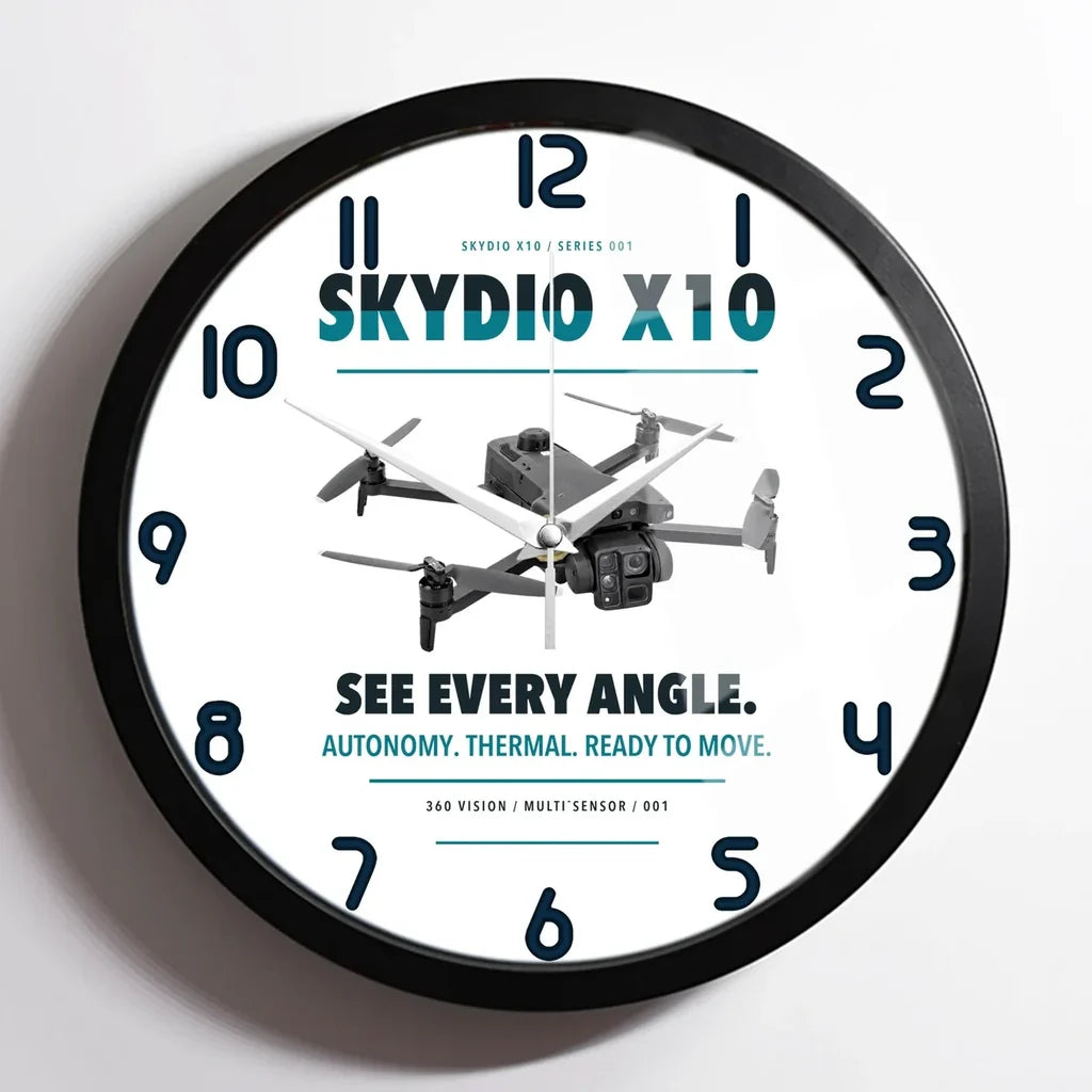 Skydio X10 design on white framed wall clock