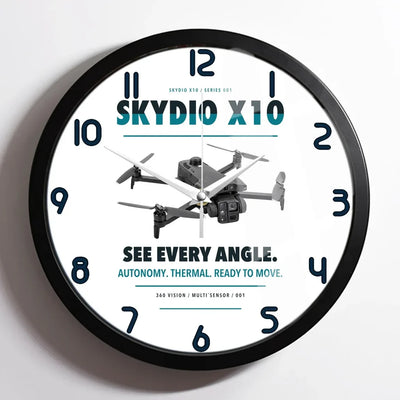 Skydio X10 design on white framed wall clock