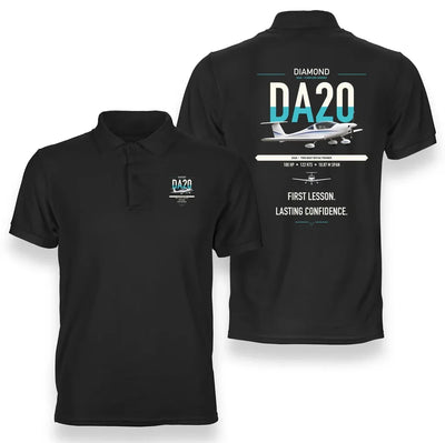Diamond DA20 design on black double-side polo t-shirt, double-side print