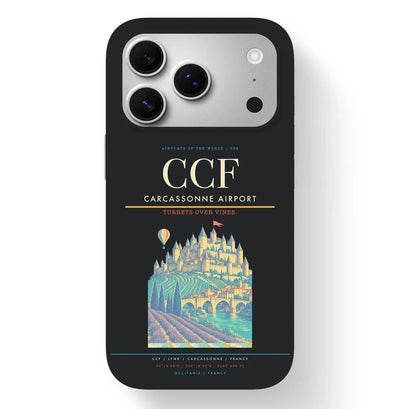 Carcassonne Airport (CCF) design on black iPhone 17 Pro MagSafe case