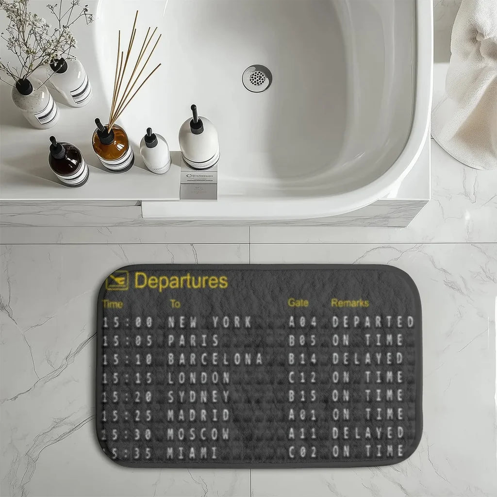 Airport Departure Sign aviation print bath mat, soft absorbent fabric with non-slip backing.