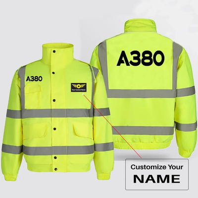 Airbus A380 Flat Text aviation design printed on insulated shell with high-visibility reflective panels reflective winter jacket.