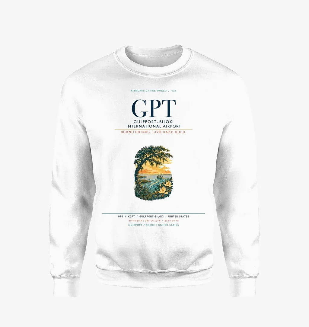Gulfport–Biloxi International Airport (GPT) design on white sweatshirt