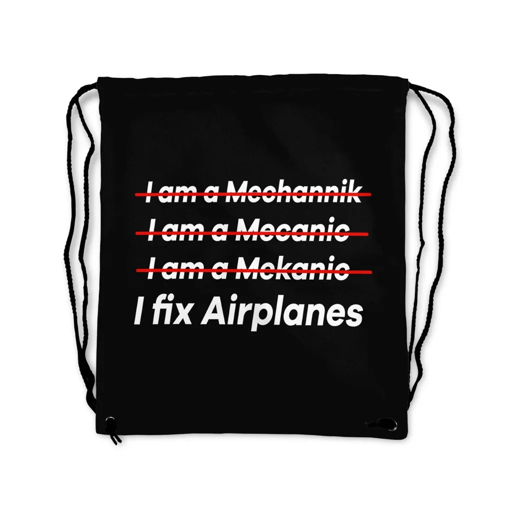 I Fix Airplanes aviation design drawstring bag, lightweight polyester construction.