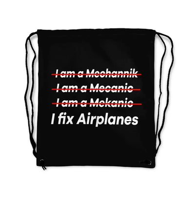 I Fix Airplanes aviation design drawstring bag, lightweight polyester construction.