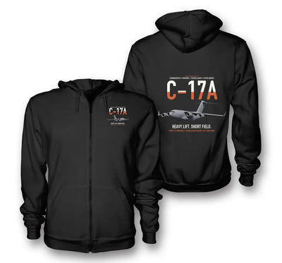 C-17A Globemaster III design on black premium zipped hoodie, double-side print