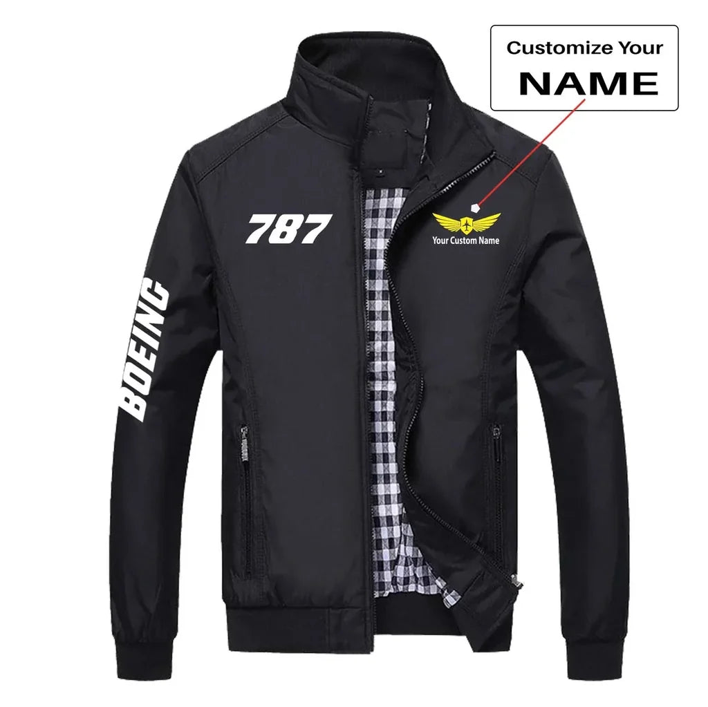 Boeing 787 Flat Text aviation design printed on modern shell with tailored fit stylish jacket.
