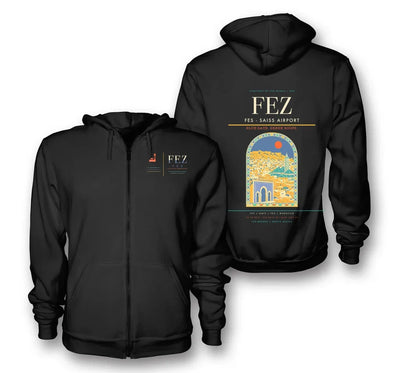 Fez Airport (FEZ) design on black premium zipped hoodie