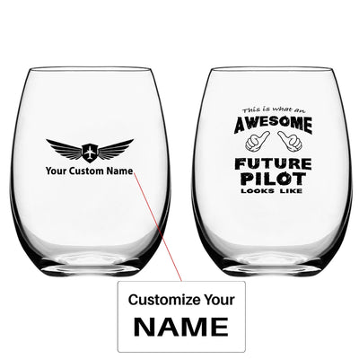 Future Pilot Water & Drink aviation design on water glass, crystal-clear premium glassware.