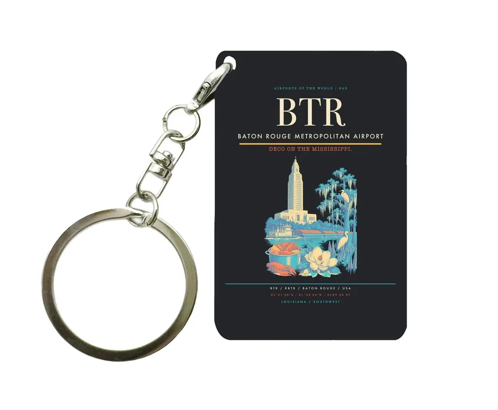 Baton Rouge Metropolitan Airport (BTR) design on black key chain
