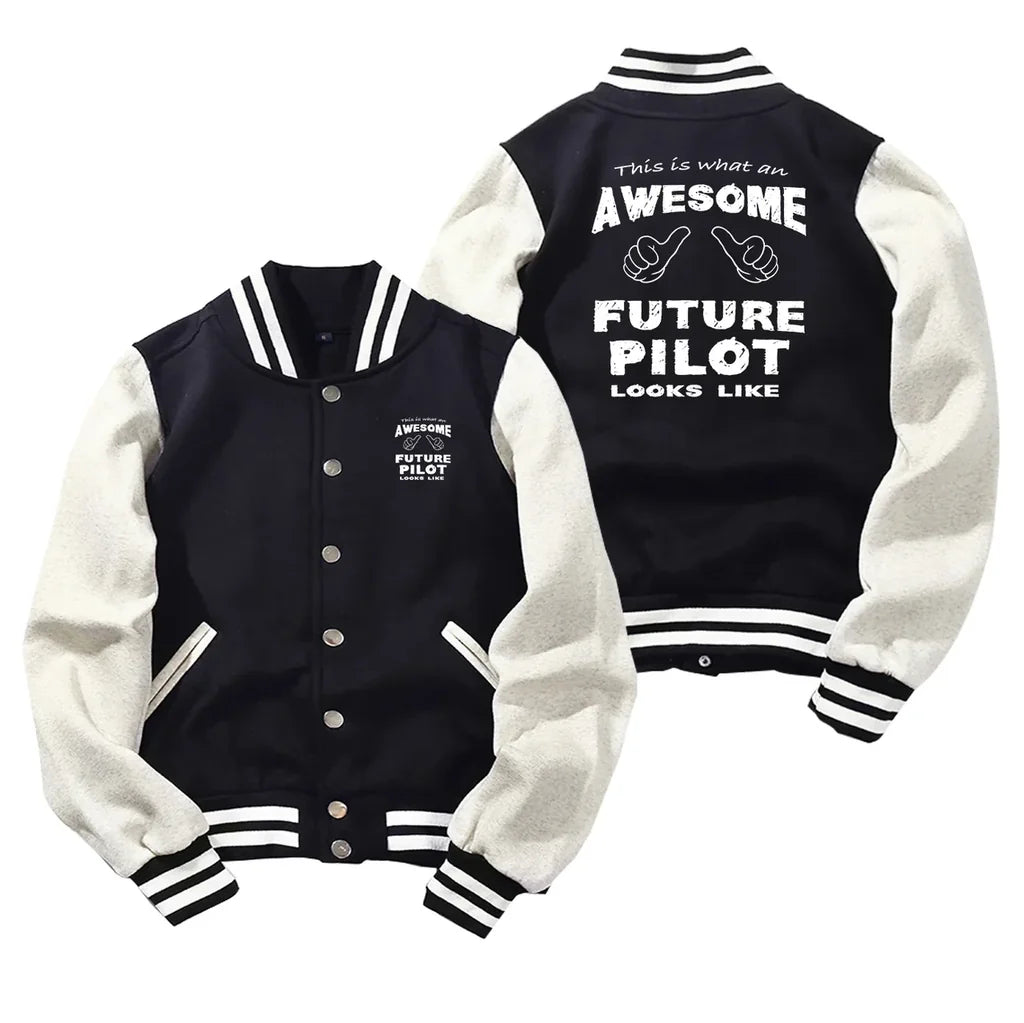 Future Pilot Baseball Style aviation design printed on two-tone shell with ribbed cuffs baseball jacket.