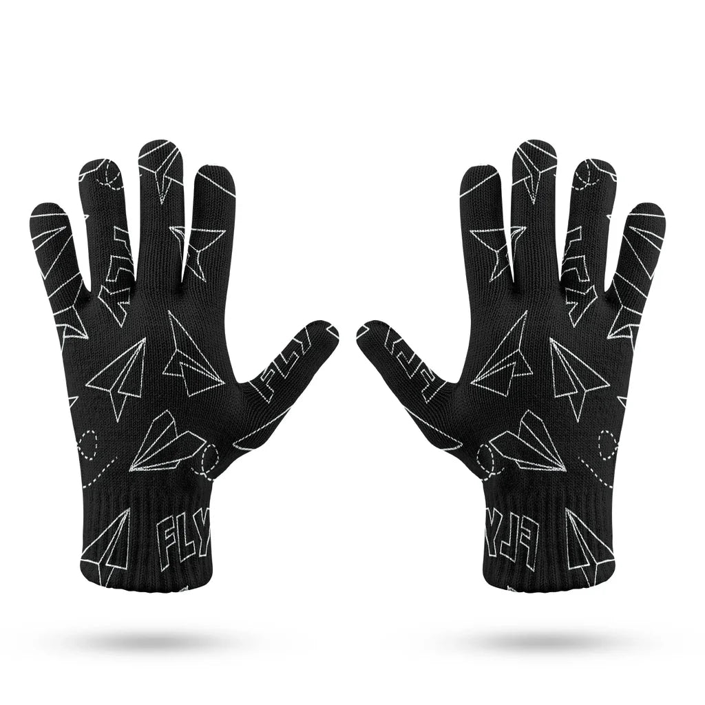 Paper Airplane & Fly Black aviation design on soft knit fabric gloves.