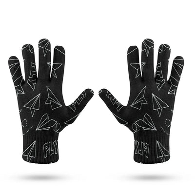 Paper Airplane & Fly Black aviation design on soft knit fabric gloves.