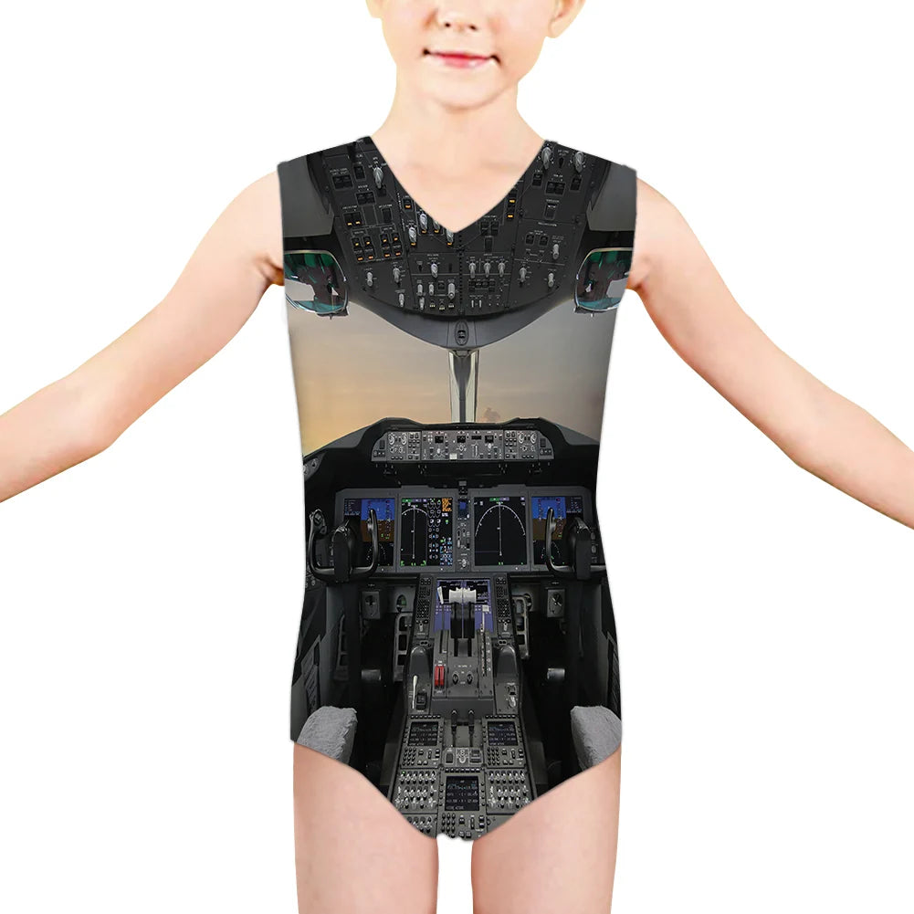 Boeing 787 Cockpit aviation print on kids quick-dry fabric swimsuit.