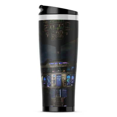 Airbus A380 Cockpit aviation design on travel mug no-holder, insulated double-wall.