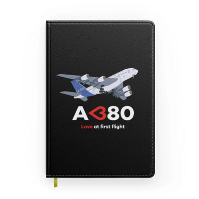 Airbus A380 Love At First Flight aviation design on premium hardcover notebook.