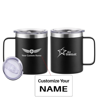 Air Transat Airlines aviation design on laser-engraved mug, permanent laser engraving on stainless.