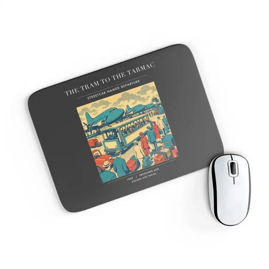 VINTAGE G4372 - The Tram To The Tarmac - Designed Mouse Pads design on black rectangle