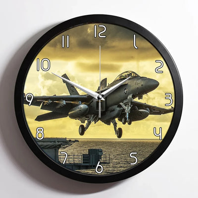Departing Jet aviation design on premium wood and metal wall clock.