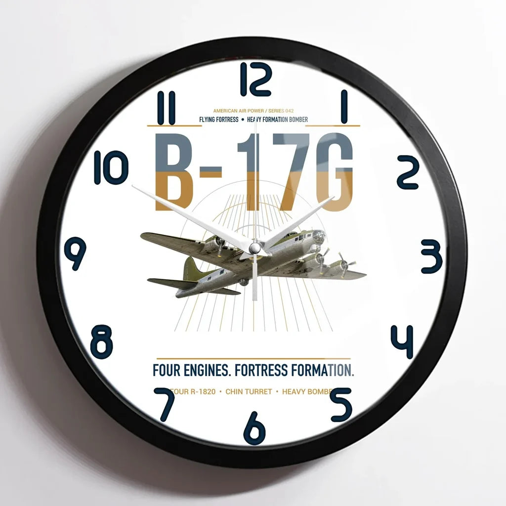 B-17G Flying Fortress design on white framed wall clock