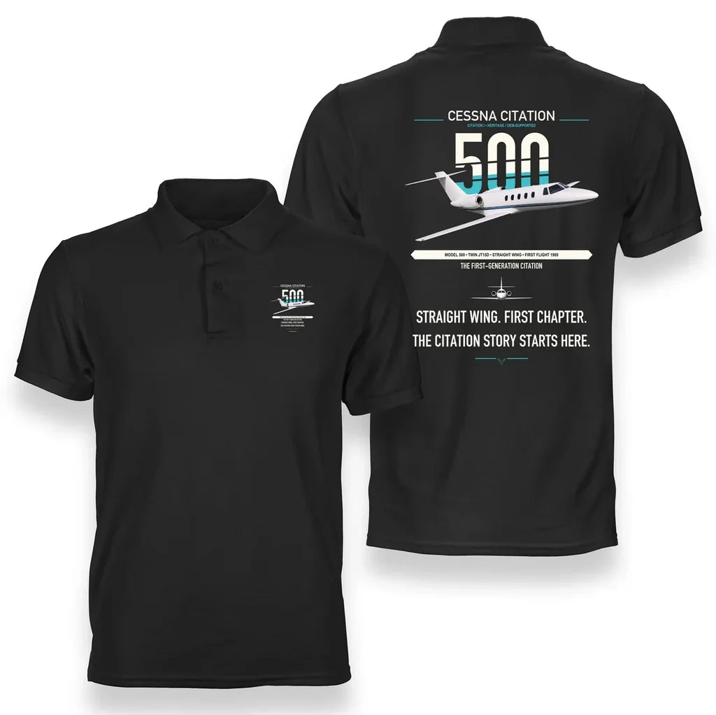Cessna Citation 500 - Citation I design on black double-side polo t-shirt, double-side print