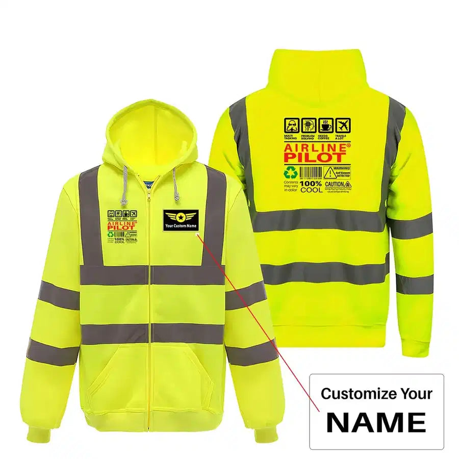 Airline Pilot Label aviation design on cotton blend with reflective panels reflective zipped hoodie.