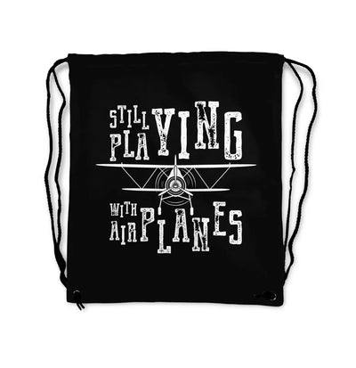 Still Playing With Airplanes aviation print drawstring bag, lightweight polyester.