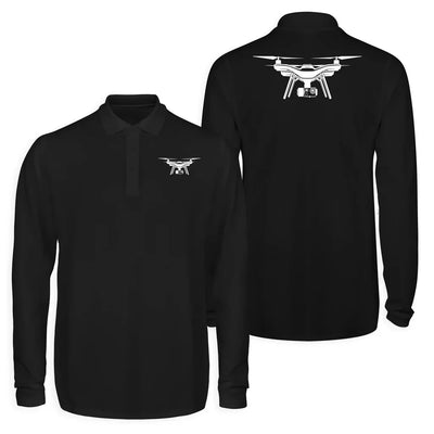 Drone Silhouette Long Sleeve Polo T-Shirts (Double-Side) aviation design printed on soft cotton long-sleeve double-side polo.