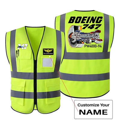 Boeing 747 & PW4000-94 Engine aviation design printed on high-visibility reflective fabric reflective vest.