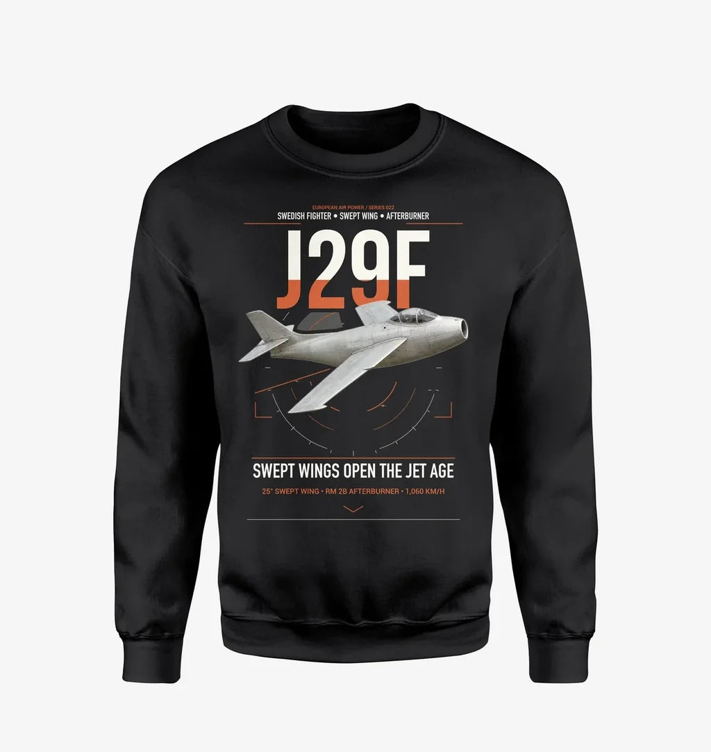 Saab J 29F Tunnan design on black sweatshirt